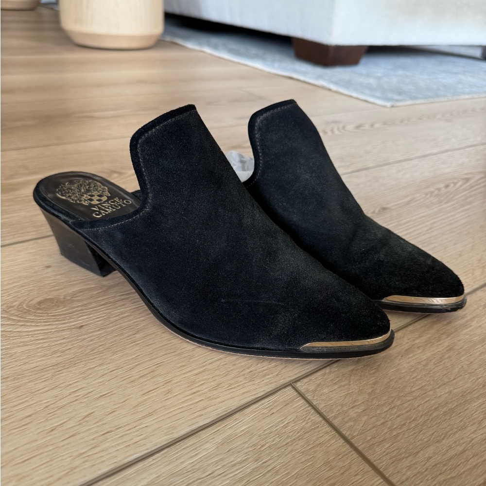 Vince Camuto Black Suede Mules with Gold Accents